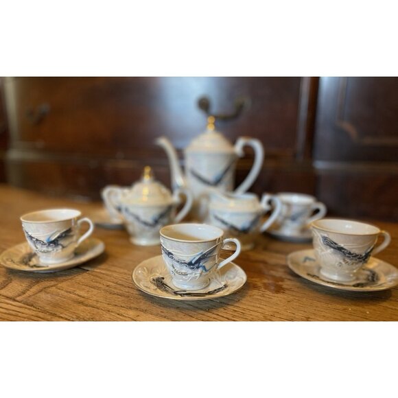 Vtg Japanese Moriage Dragonware Lithophane Geisha Coffee or Tea Set Black 15 Pc - Picture 2 of 16